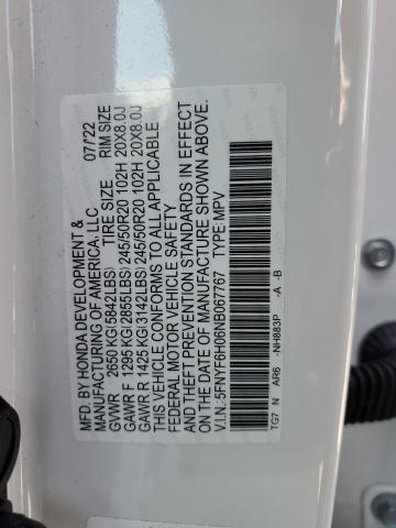 2022 Honda Pilot Elite VIN: 5FNYF6H06NB067767 Lot: 48307934