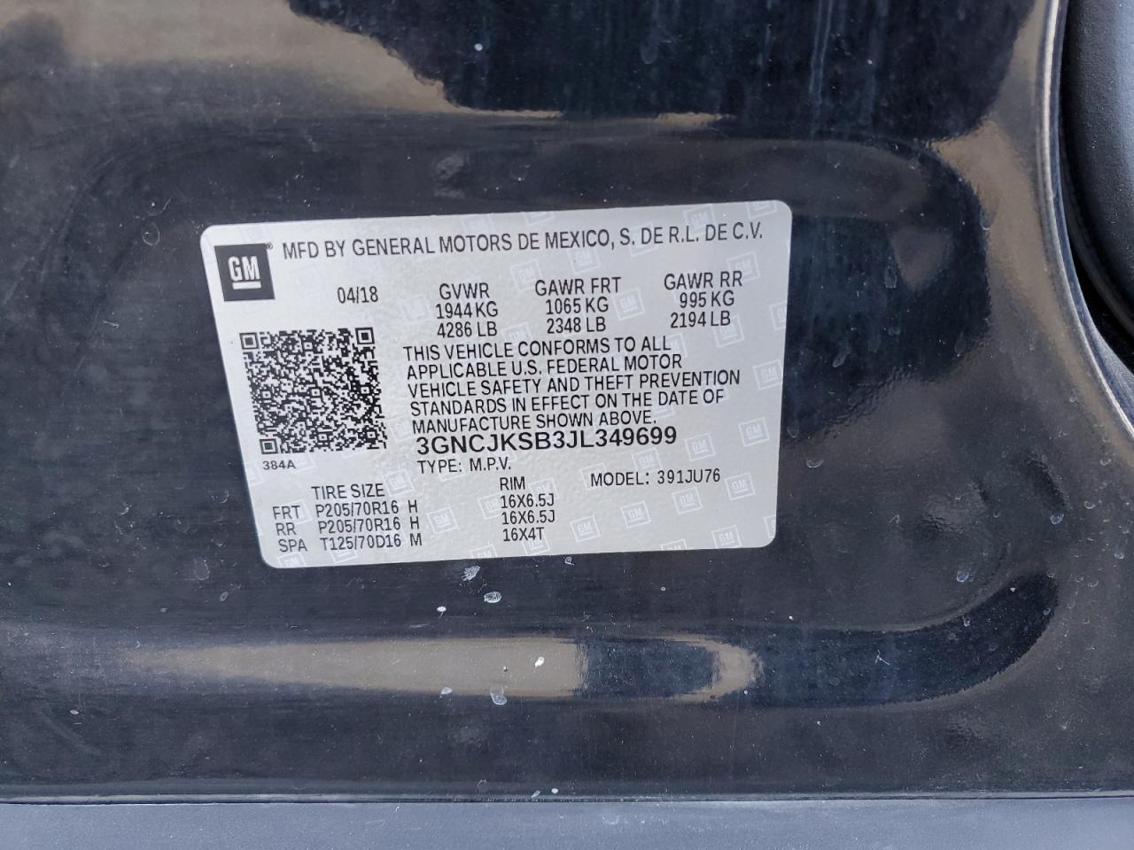 3GNCJKSB3JL349699 CHEVROLET TRAX 2018