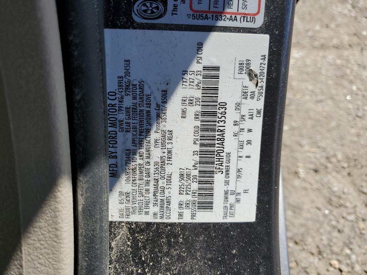 3FAHP0JA8AR135630 2010 Ford Fusion Sel