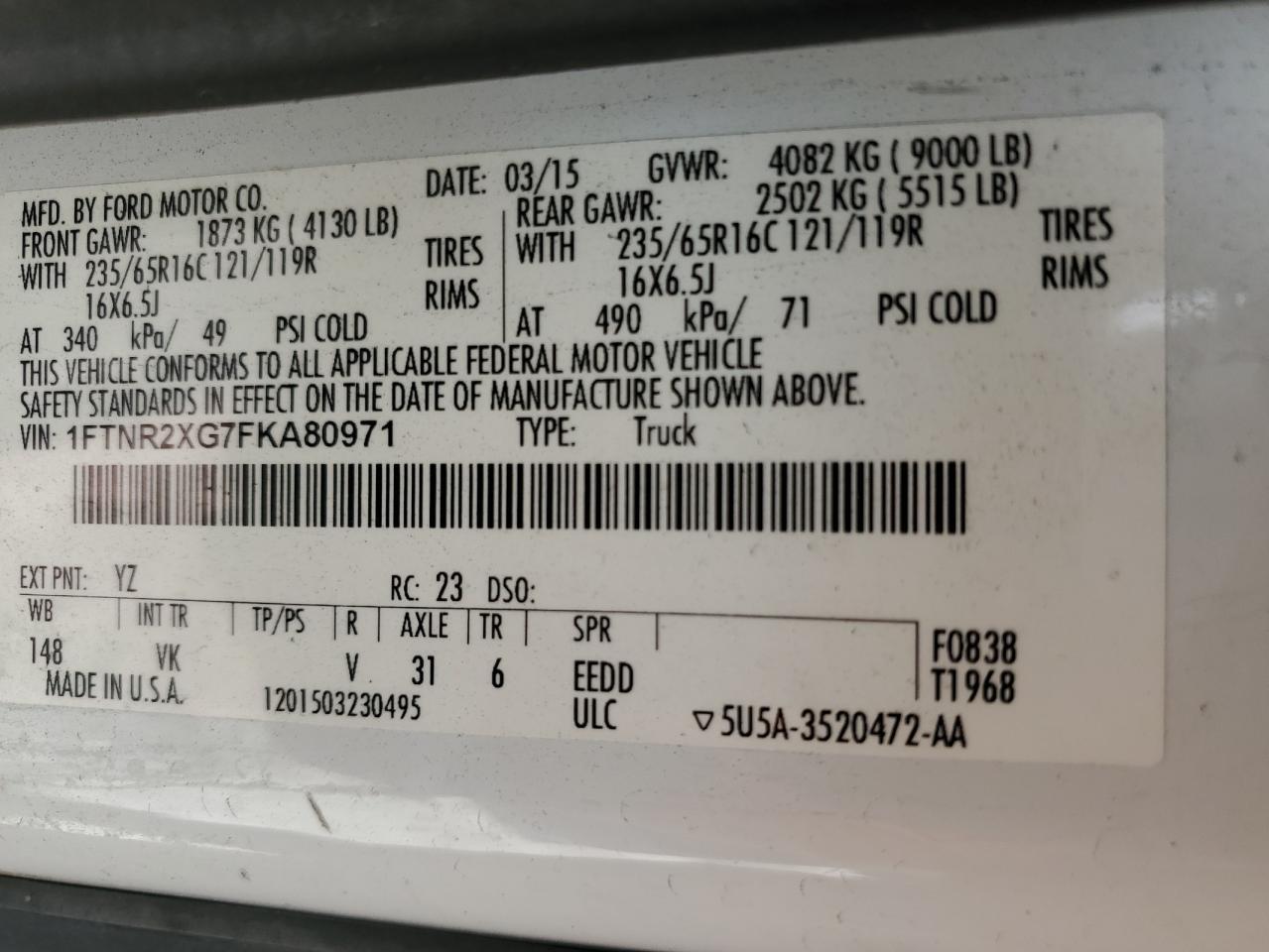 1FTNR2XG7FKA80971 2015 Ford Transit T-250