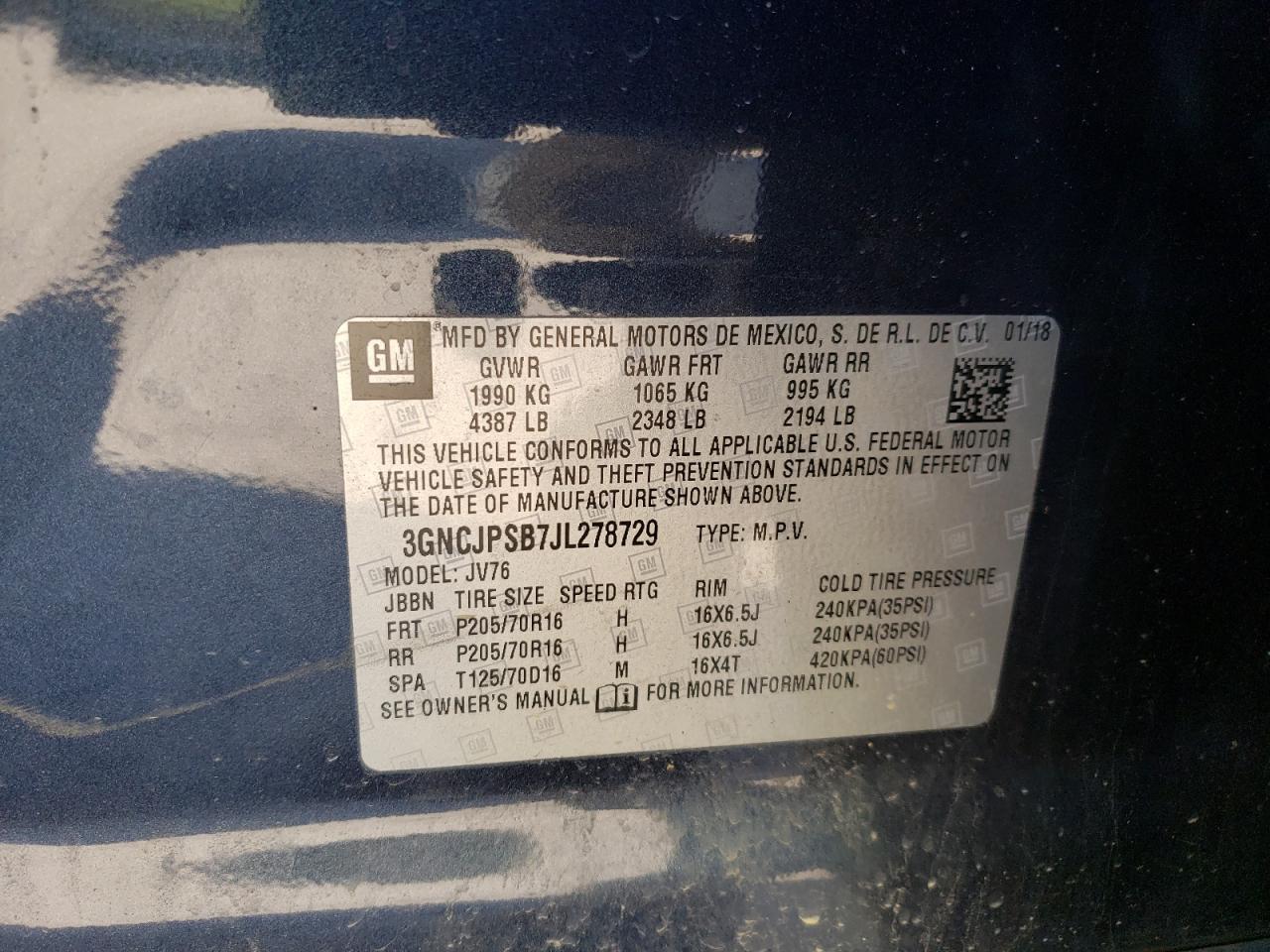 3GNCJPSB7JL278729 CHEVROLET TRAX 2018