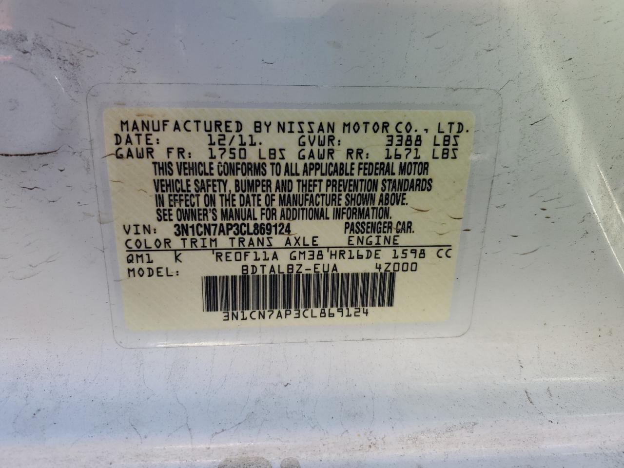 3N1CN7AP3CL869124 2012 Nissan Versa S