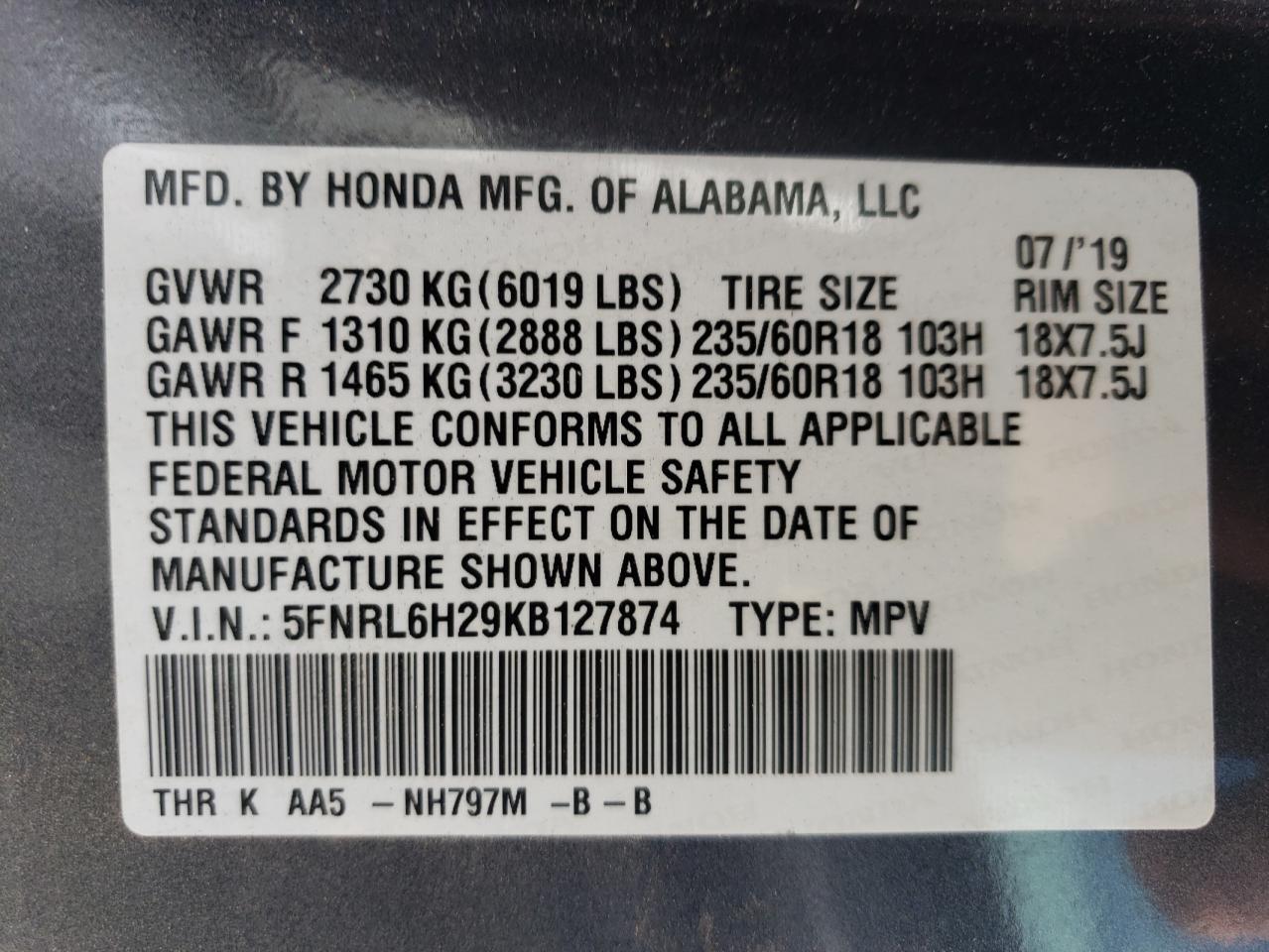 5FNRL6H29KB127874 HONDA All Models 2019