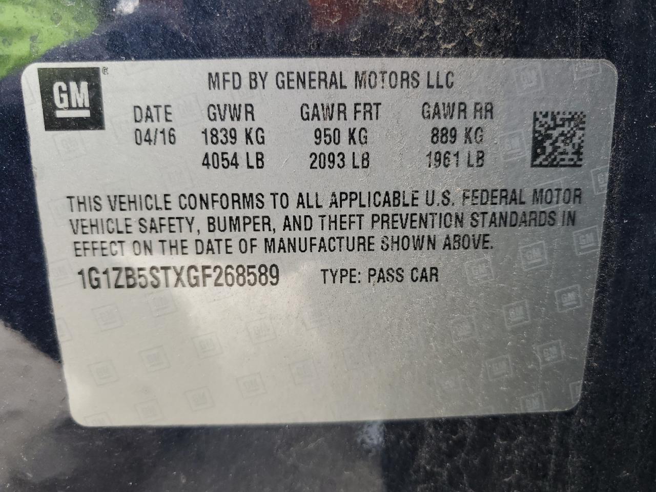 1G1ZB5STXGF268589 CHEVROLET MALIBU 2016