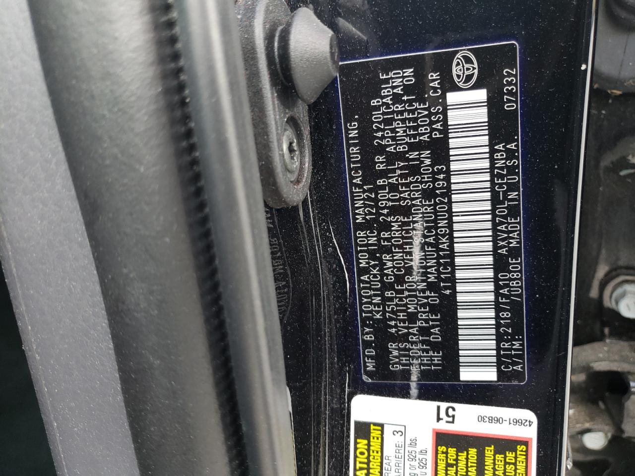 4T1C11AK9NU021943 TOYOTA CAMRY 2022