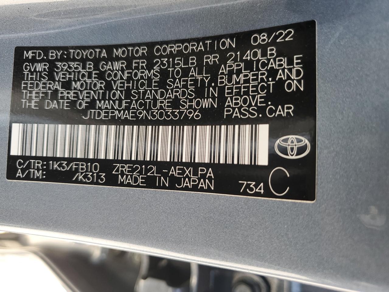 2022 Toyota Corolla Le vin: JTDEPMAE9N3033796