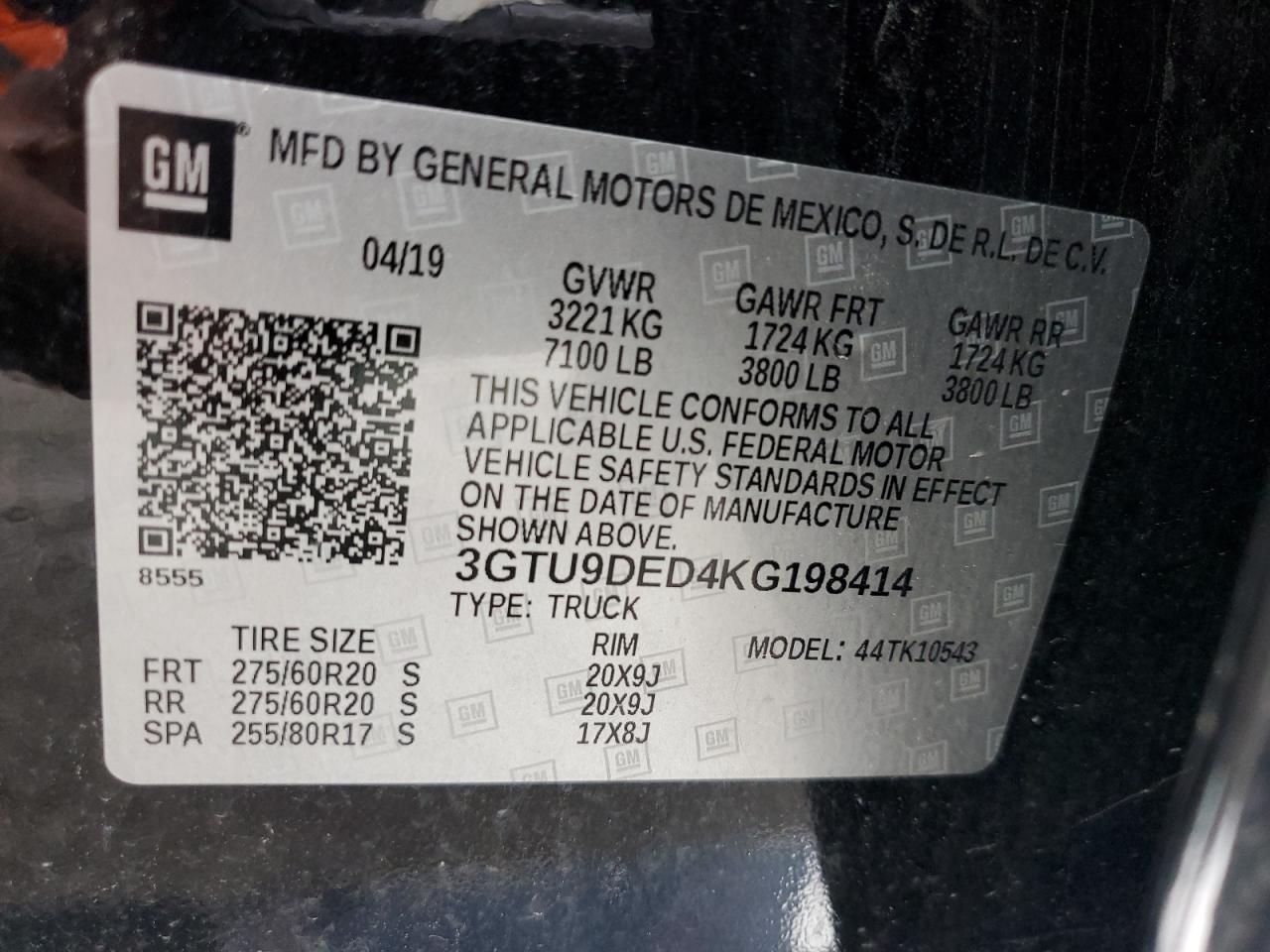 2019 GMC Sierra K1500 Slt vin: 3GTU9DED4KG198414