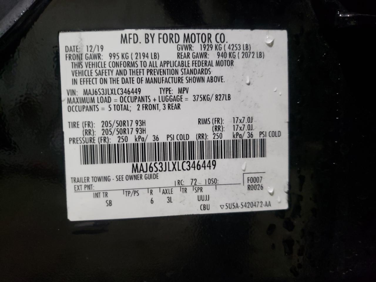 MAJ6S3JLXLC346449 FORD ECOSPORT 2020