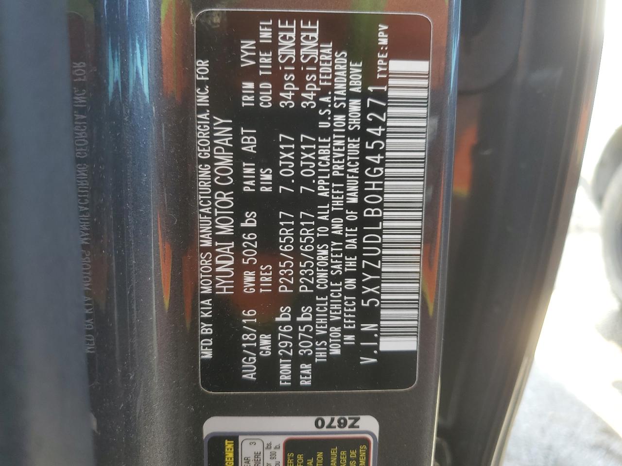 5XYZUDLB0HG454271 2017 Hyundai Santa Fe Sport