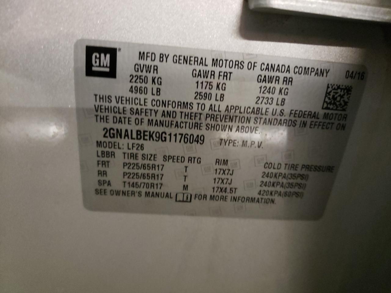 2GNALBEK9G1176049 CHEVROLET EQUINOX 2016