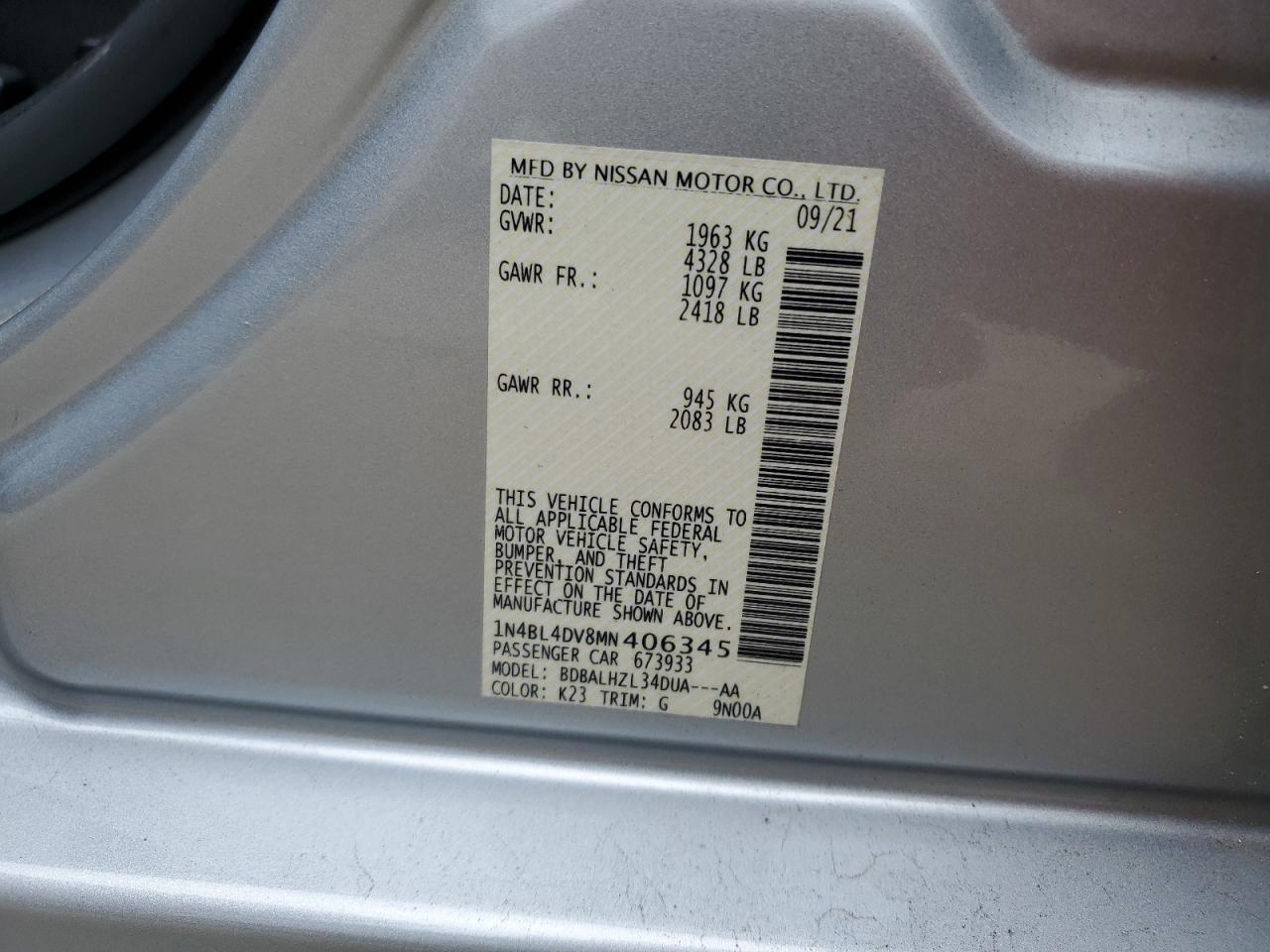 1N4BL4DV8MN406345 NISSAN ALTIMA 2021