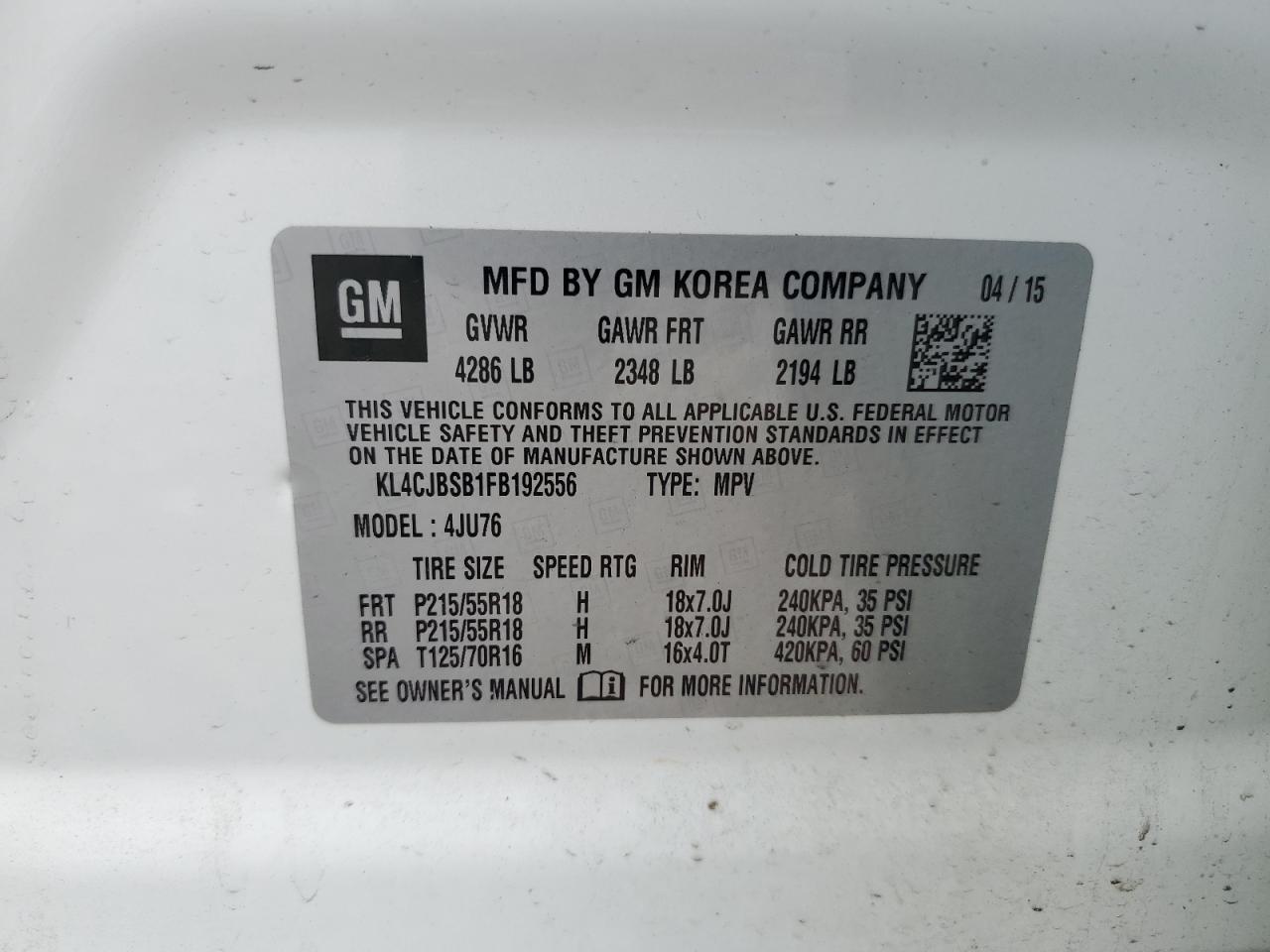 KL4CJBSB1FB192556 2015 Buick Encore Convenience