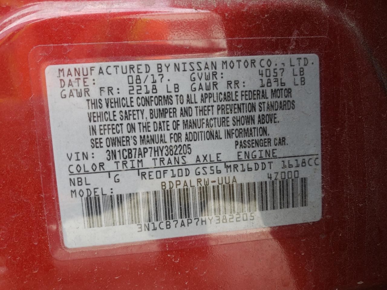 3N1CB7AP7HY382205 NISSAN SENTRA 2017