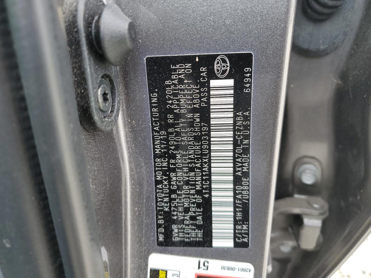 4T1C11AKXLU903197 TOYOTA CAMRY 2020