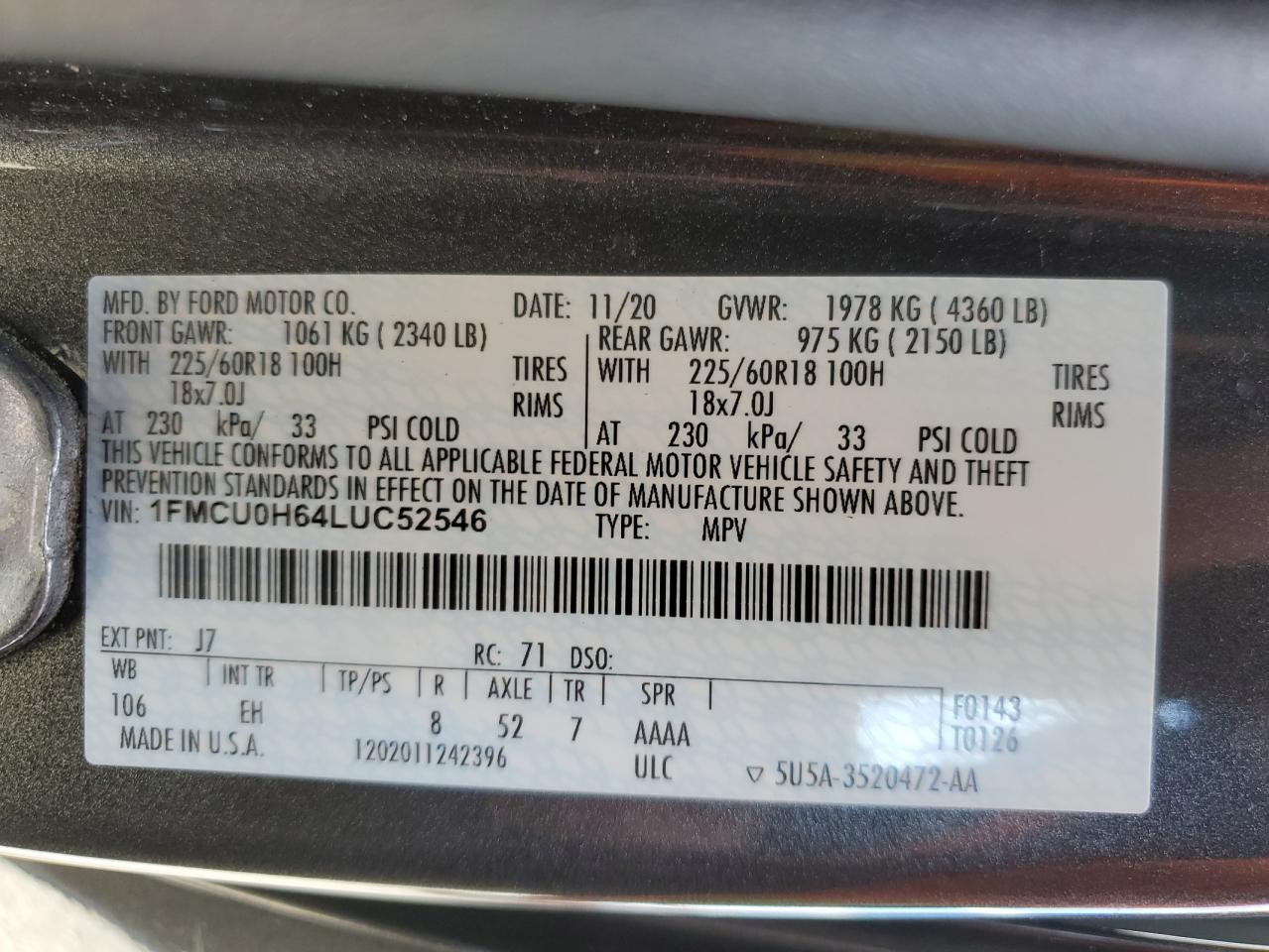 1FMCU0H64LUC52546 FORD ESCAPE 2020