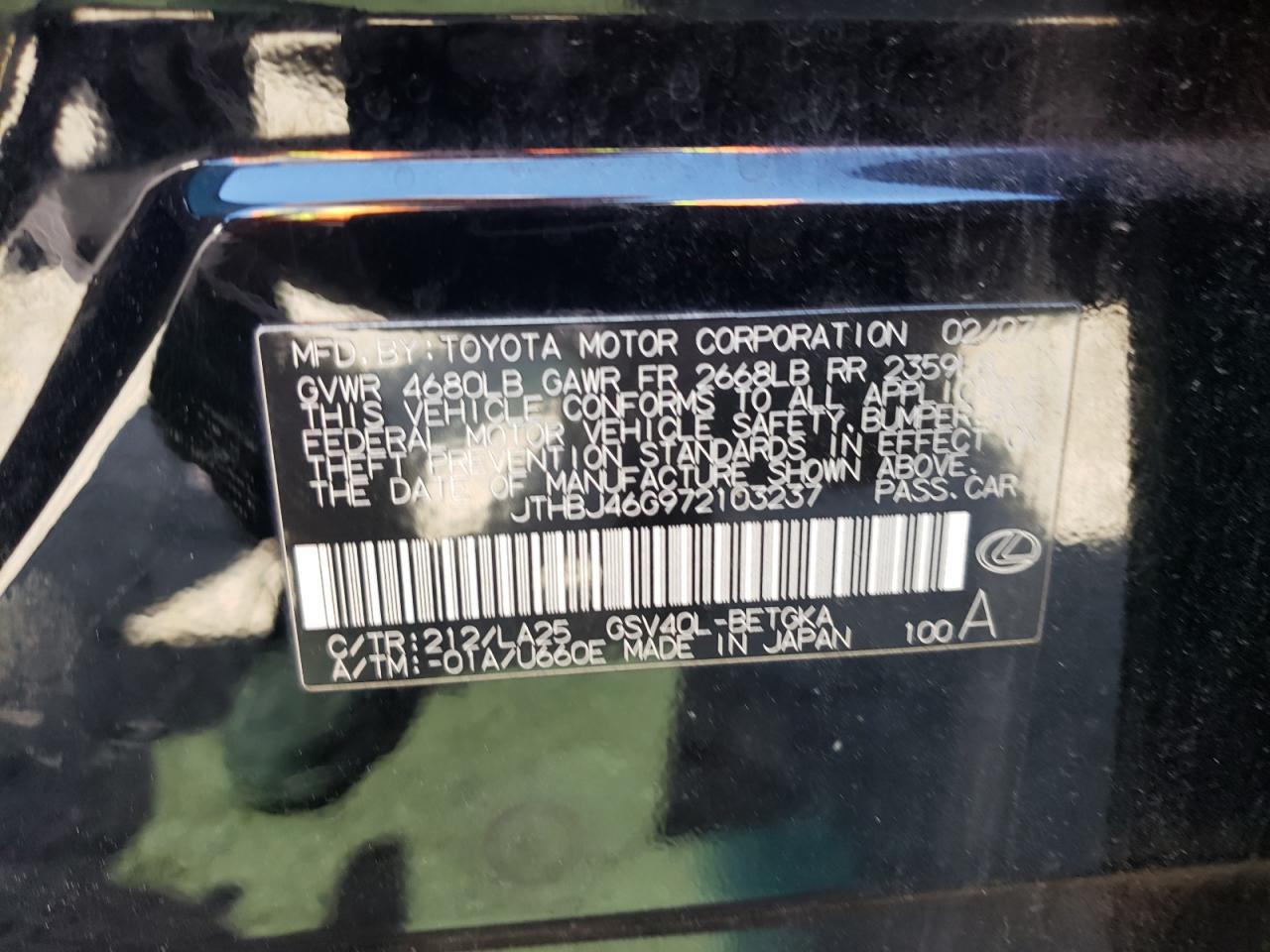 JTHBJ46G972103237 2007 Lexus Es 350