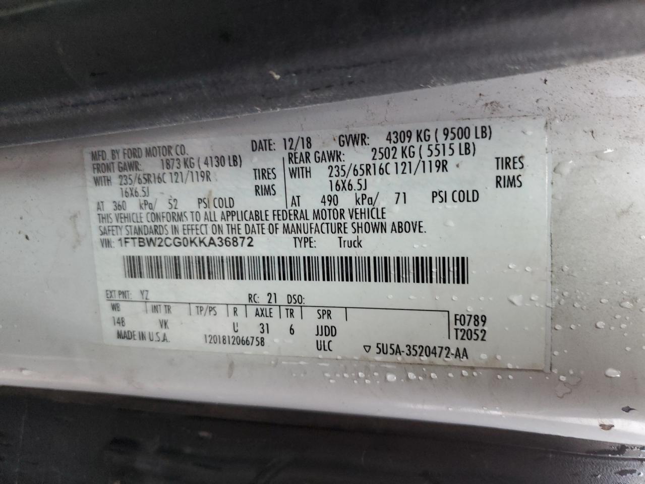 1FTBW2CG0KKA36872 FORD TRANSIT 2019