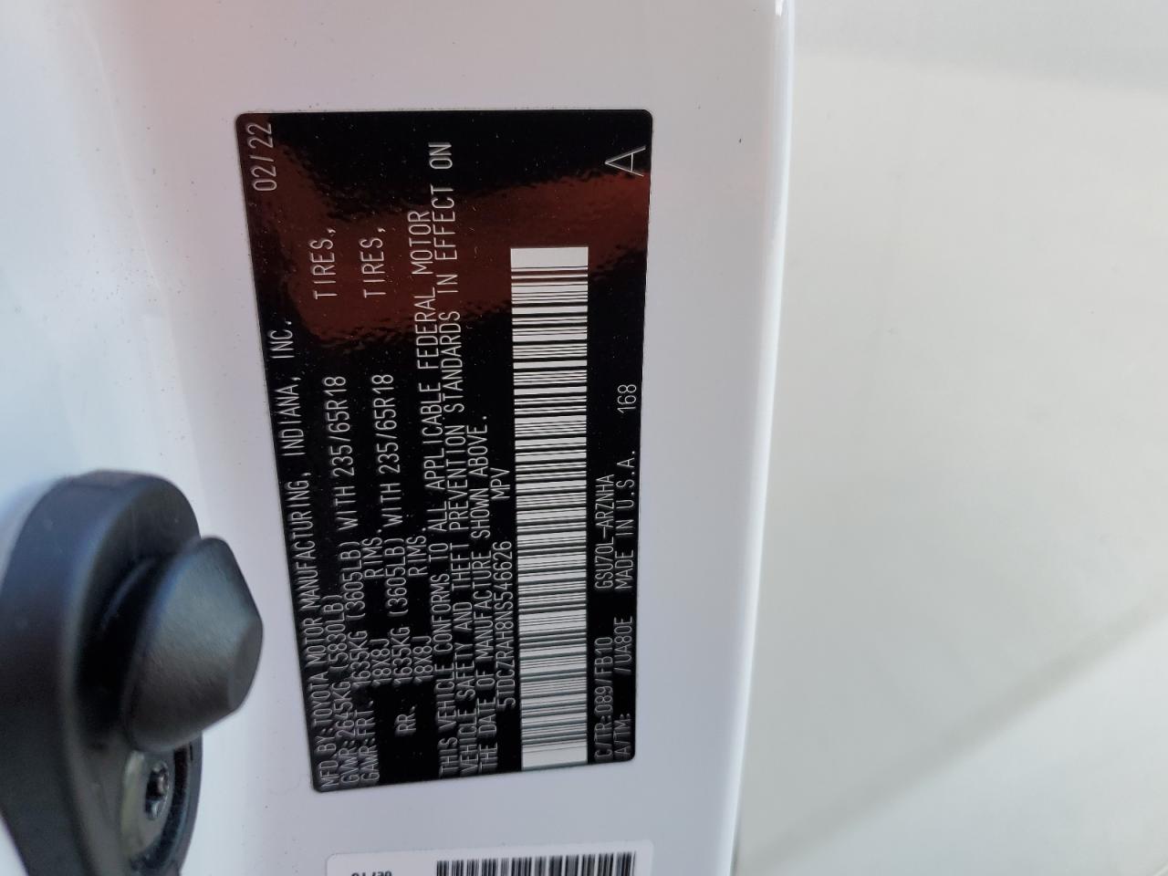 5TDCZRAH8NS546626 2022 Toyota Highlander L