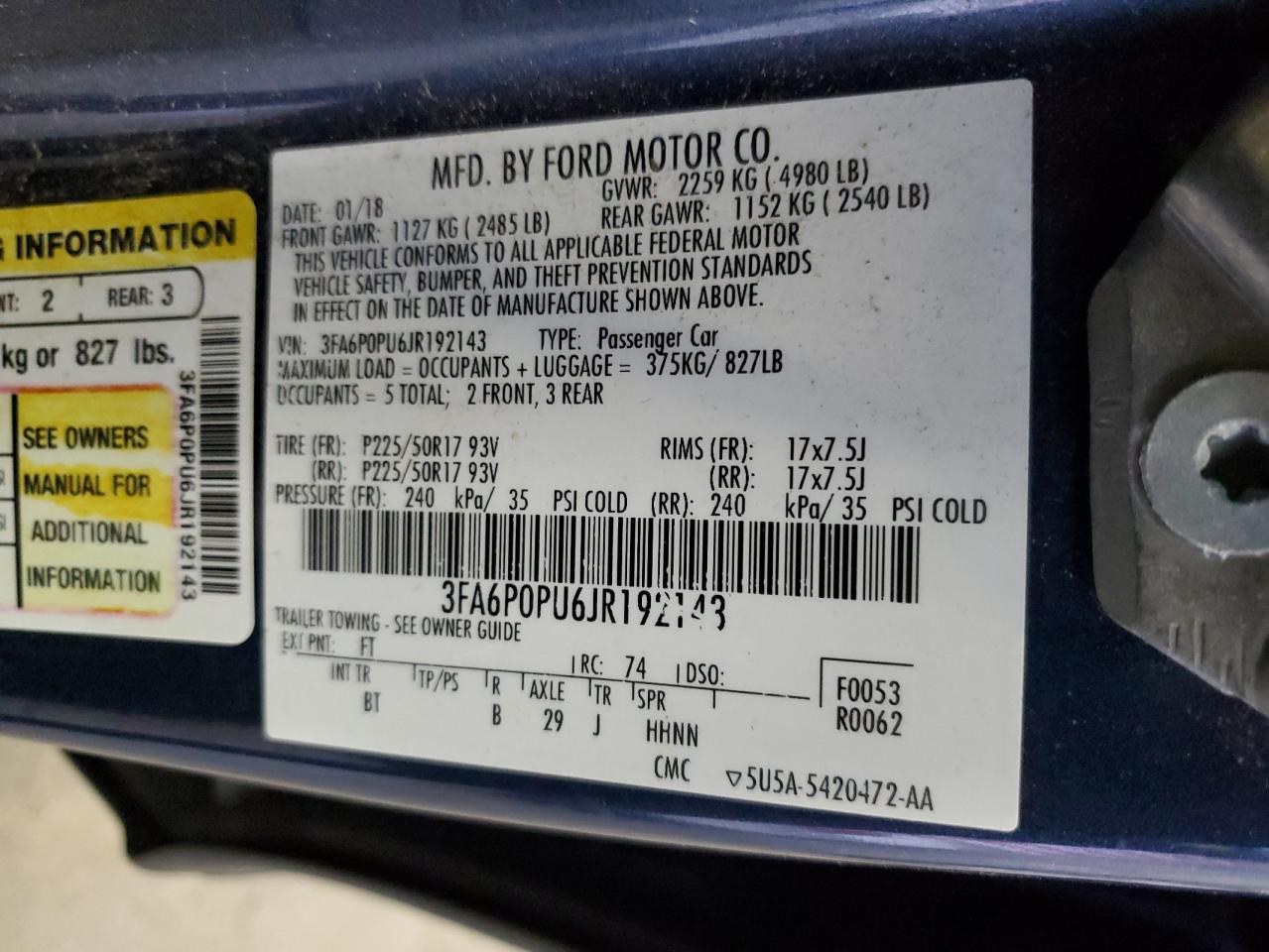 3FA6P0PU6JR192143 FORD FUSION 2018