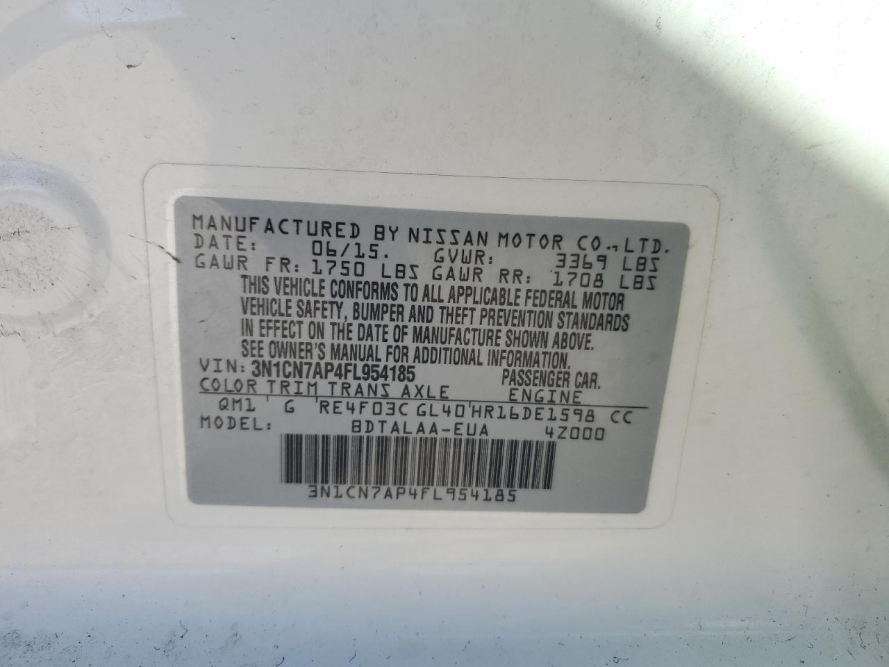 3N1CN7AP4FL954185 2015 Nissan Versa S