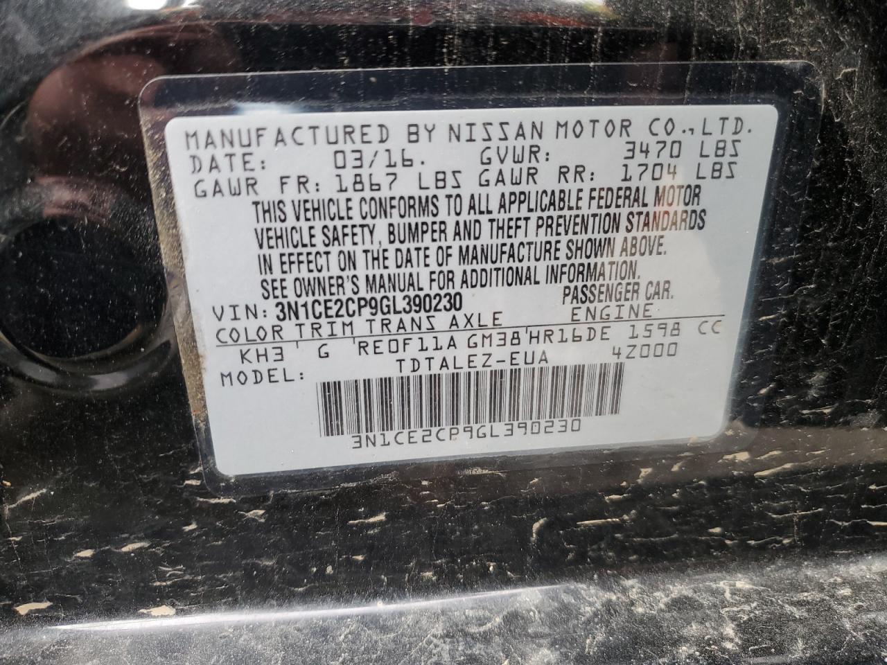 3N1CE2CP9GL390230 NISSAN VERSA 2016