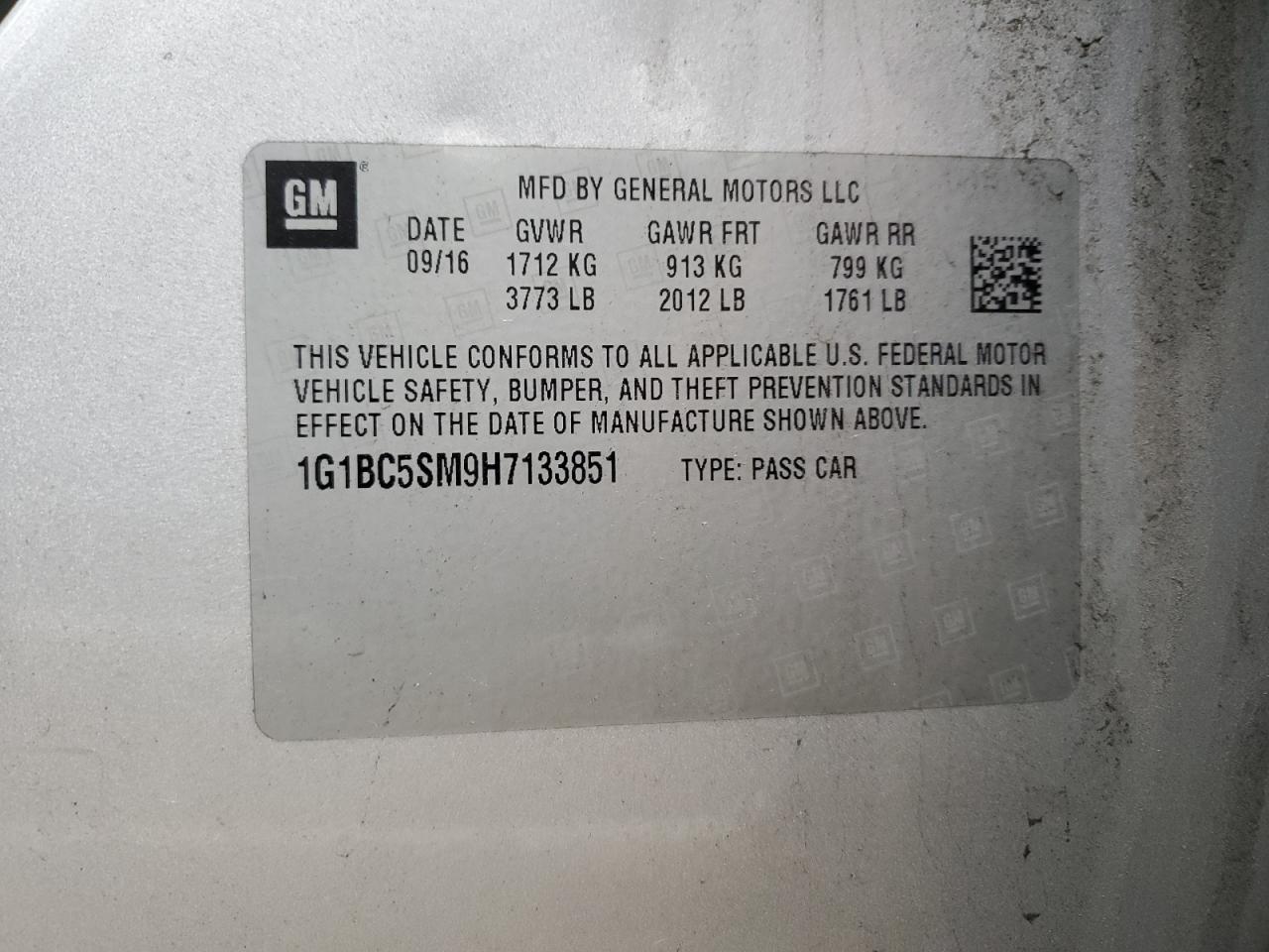1G1BC5SM9H7133851 CHEVROLET CRUZE 2017
