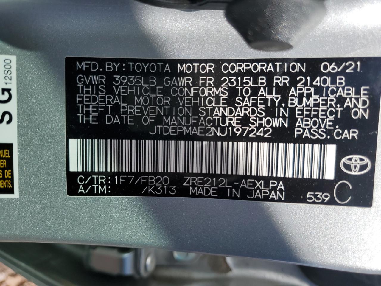 JTDEPMAE2NJ197242 TOYOTA COROLLA 2022