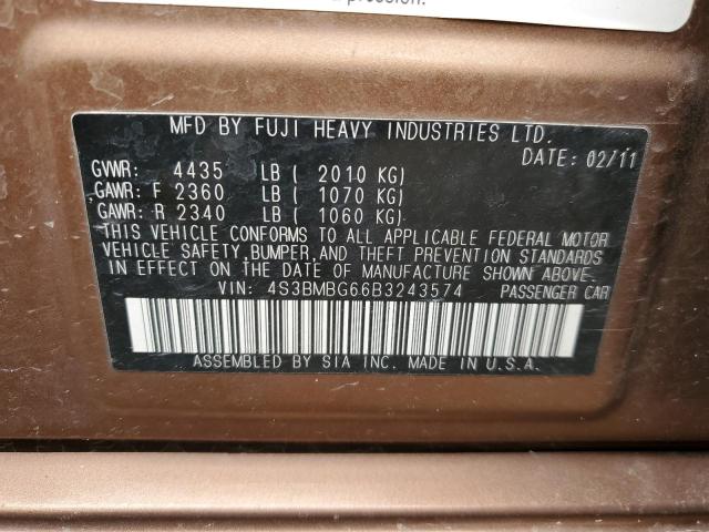 2011 Subaru Legacy 2.5I Premium VIN: 4S3BMBG66B3243574 Lot: 44977204