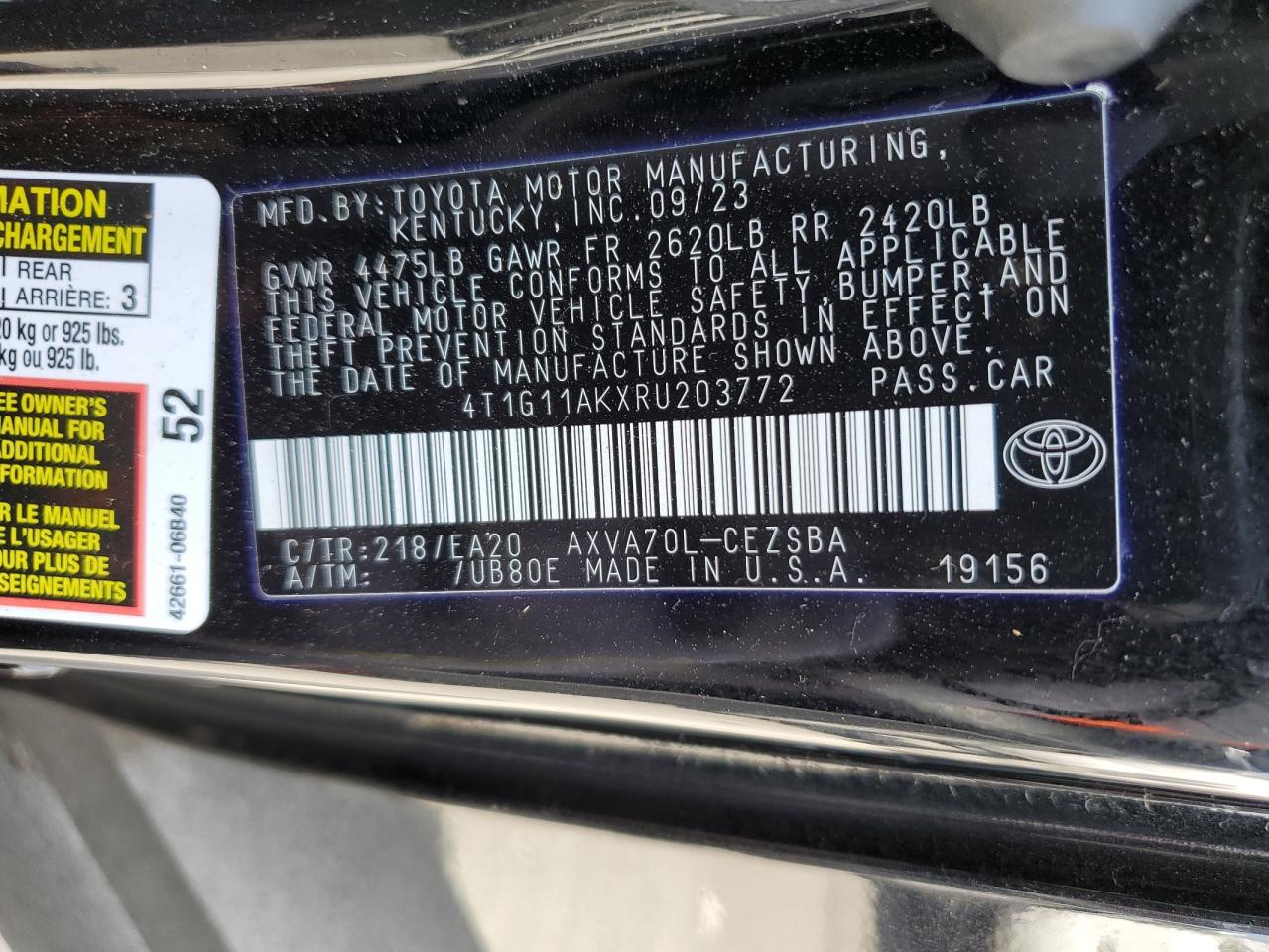 4T1G11AKXRU203772 TOYOTA CAMRY 2024
