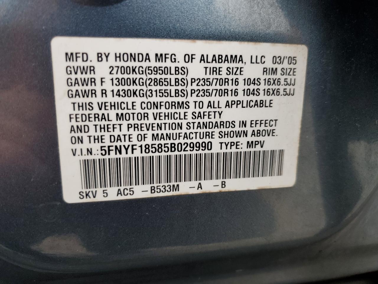 5FNYF18585B029990 2005 Honda Pilot Exl