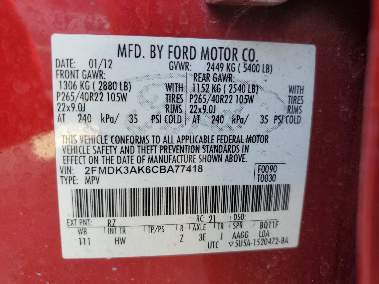 Lot #2876835381 2012 FORD EDGE SPORT