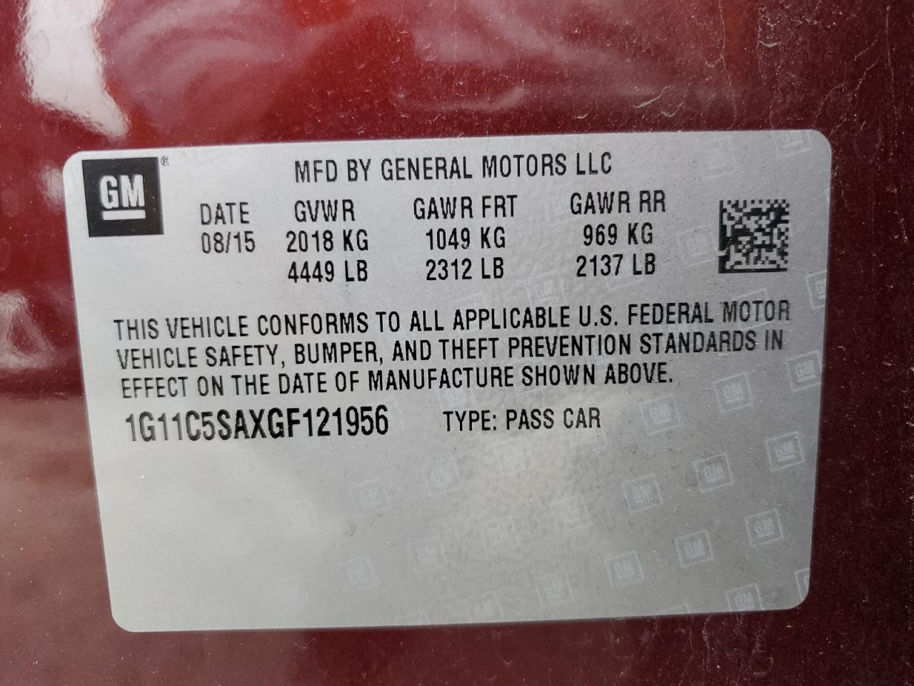 1G11C5SAXGF121956 CHEVROLET MALIBU 2016