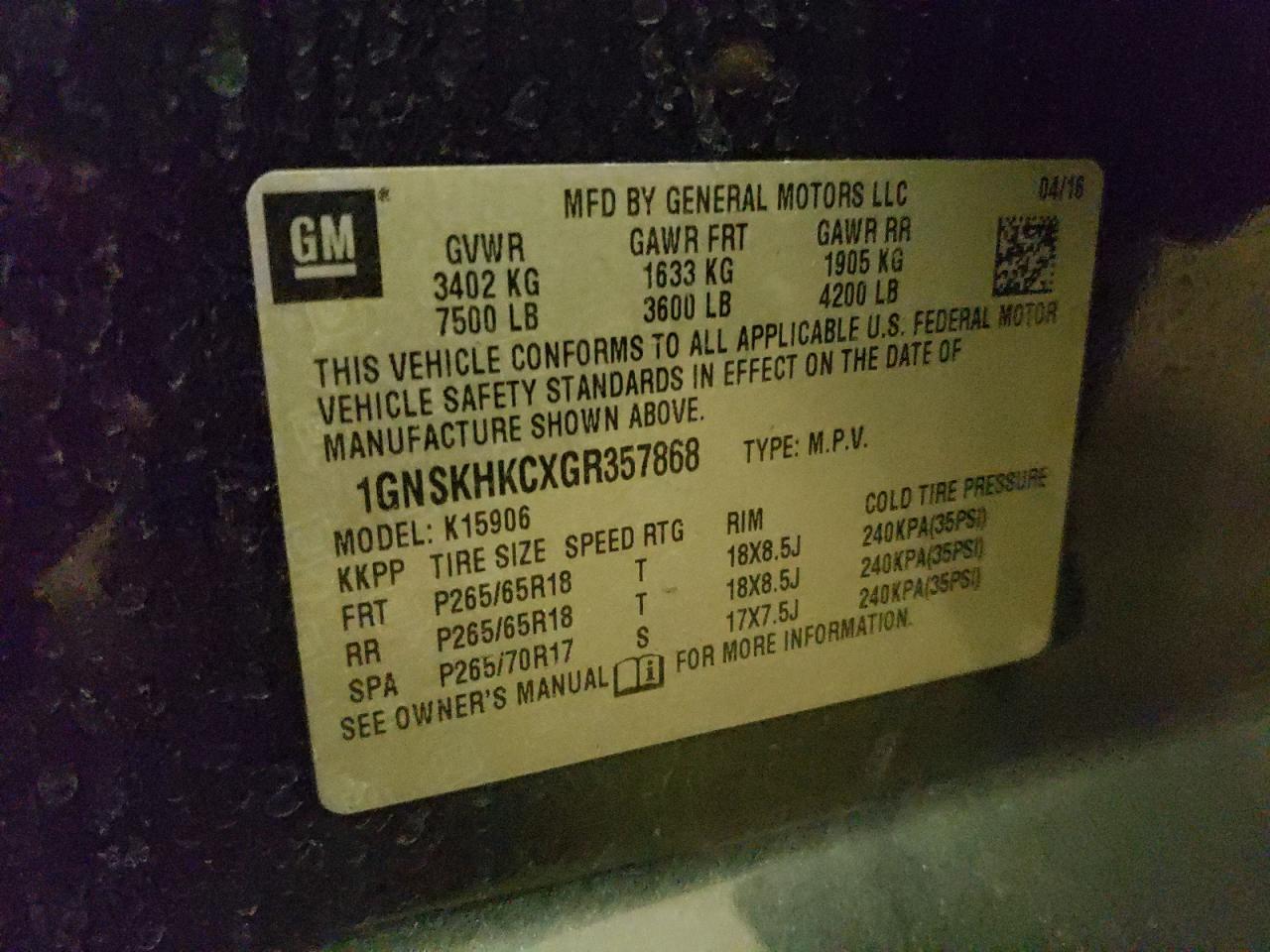 1GNSKHKCXGR357868 CHEVROLET SUBURBAN 2016