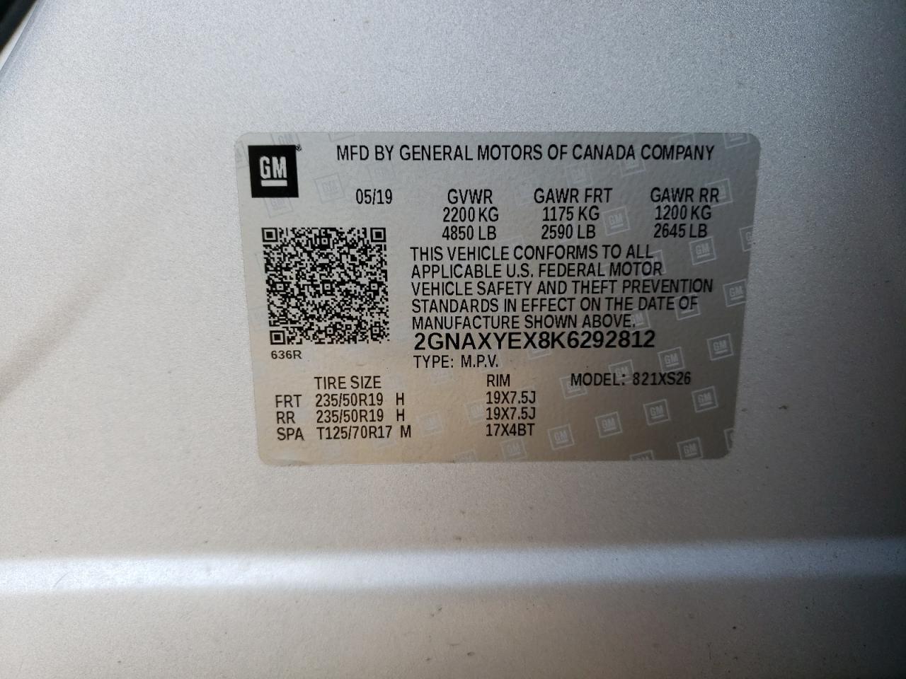 2GNAXYEX8K6292812 CHEVROLET EQUINOX 2019
