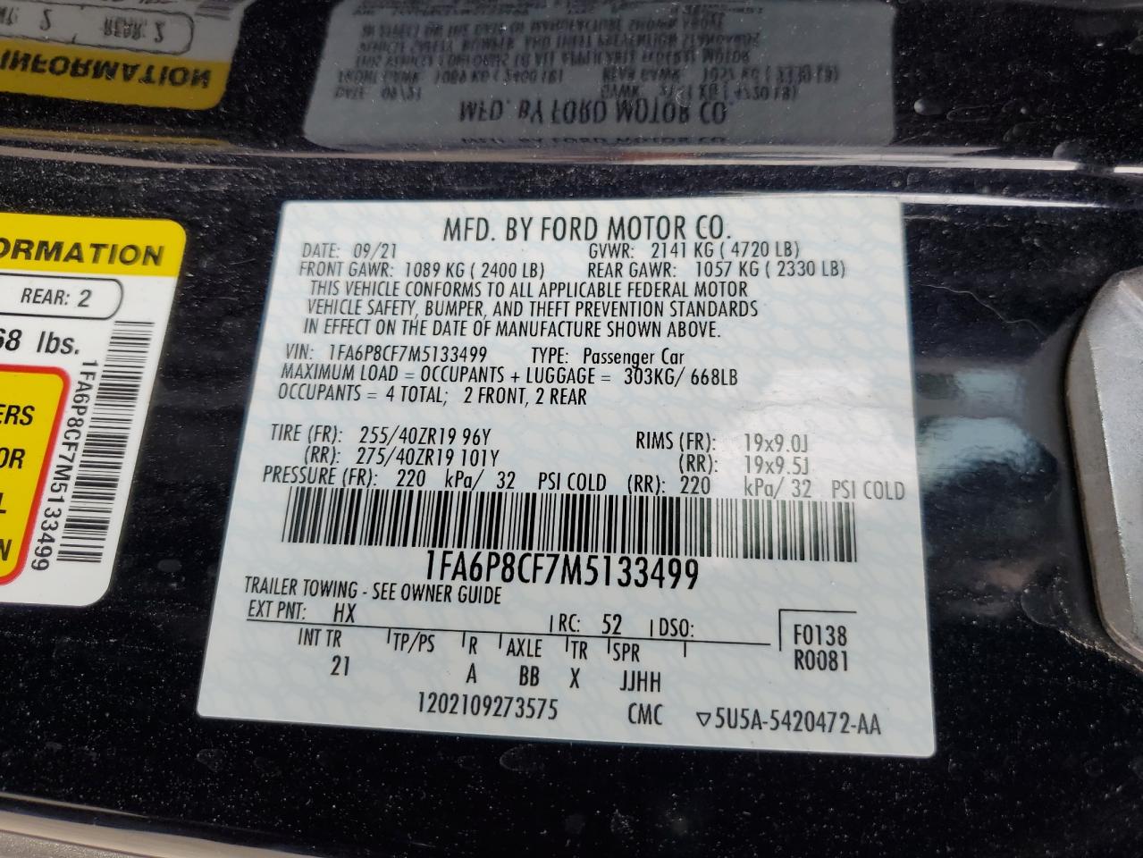 1FA6P8CF7M5133499 FORD MUSTANG 2021