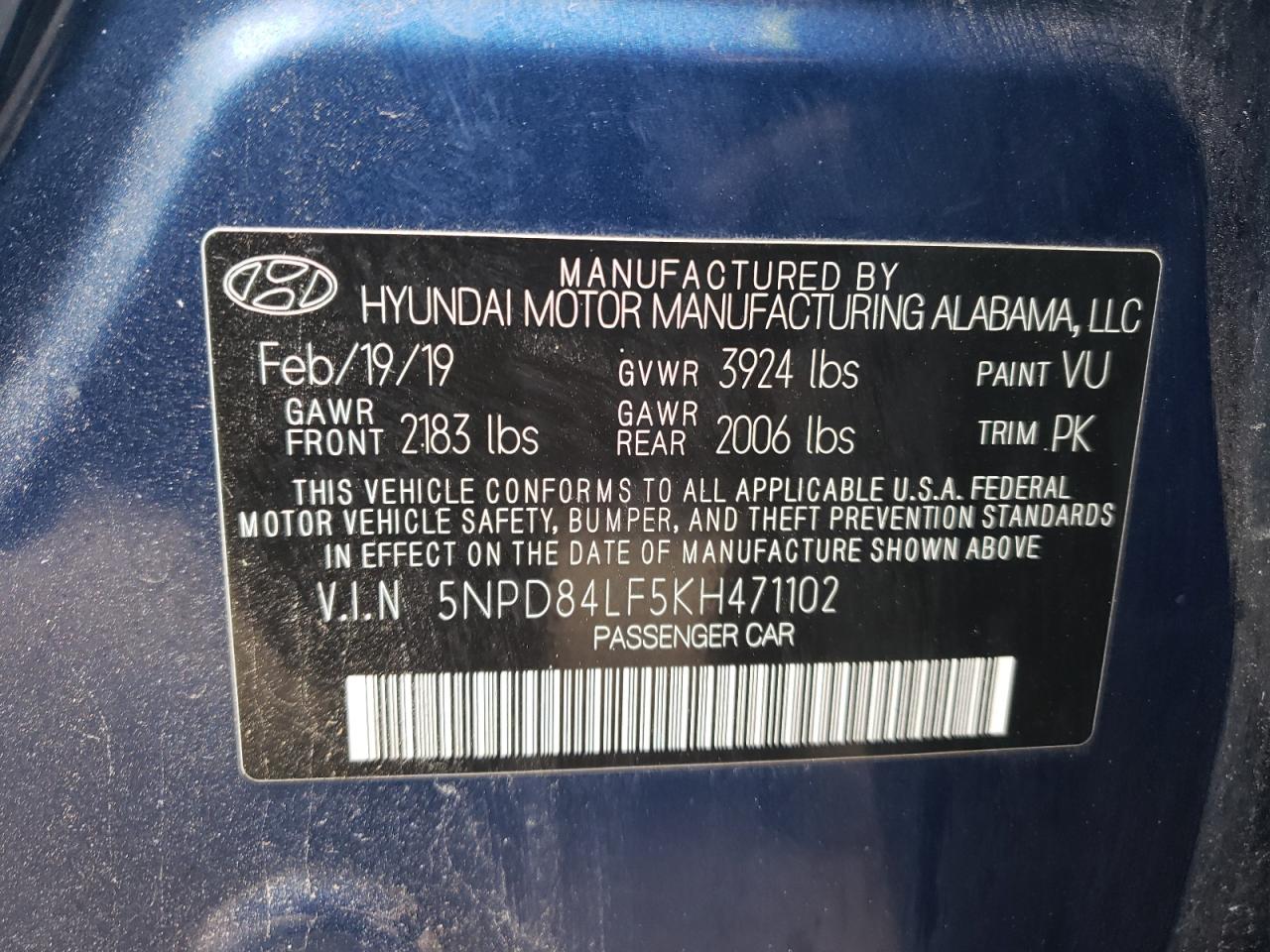 5NPD84LF5KH471102 2019 Hyundai Elantra Sel