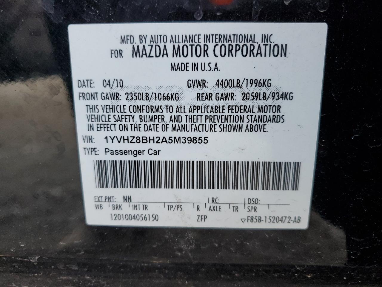 1YVHZ8BH2A5M39855 2010 Mazda 6 I