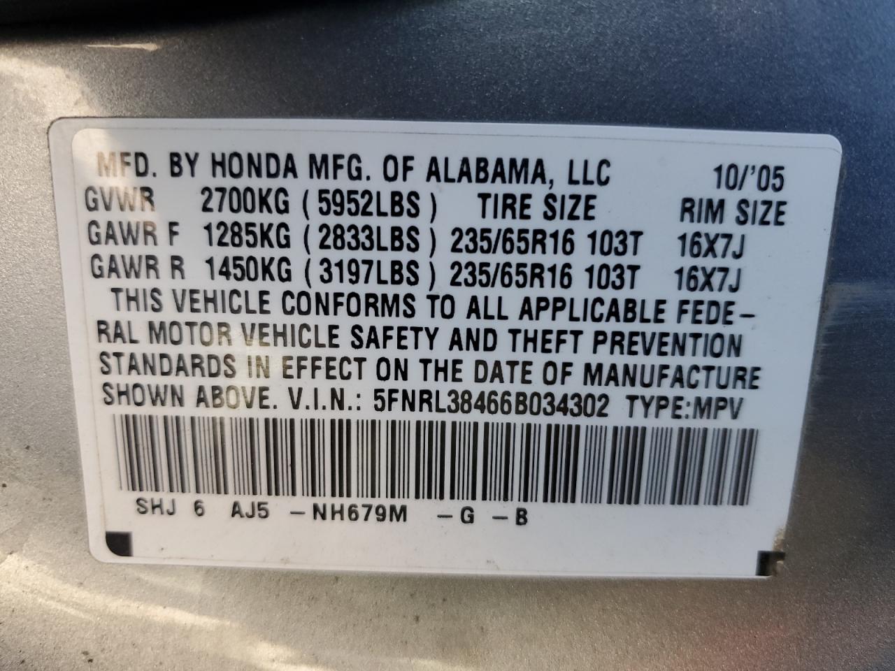 5FNRL38466B034302 2006 Honda Odyssey Ex