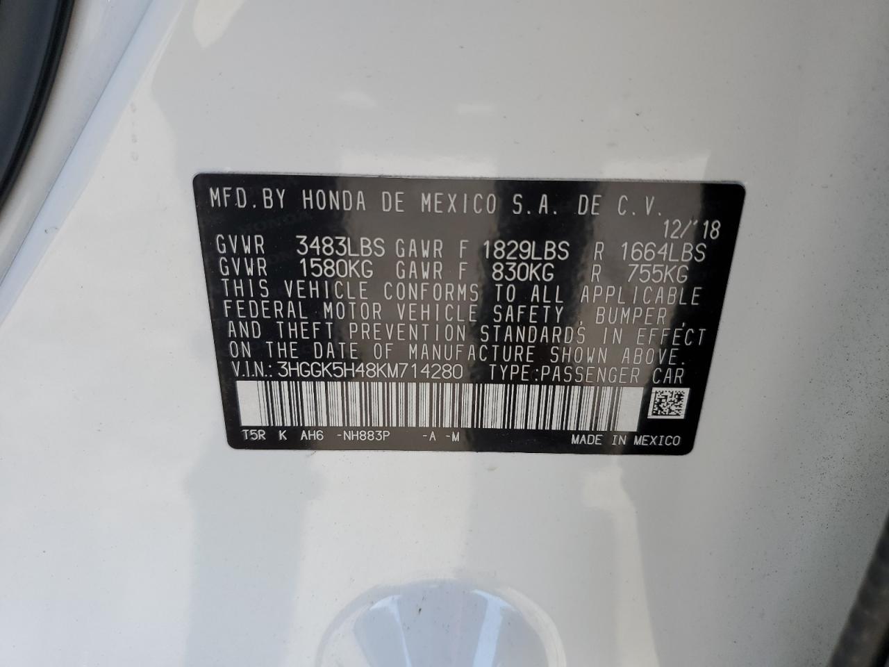 3HGGK5H48KM714280 HONDA FIT 2019