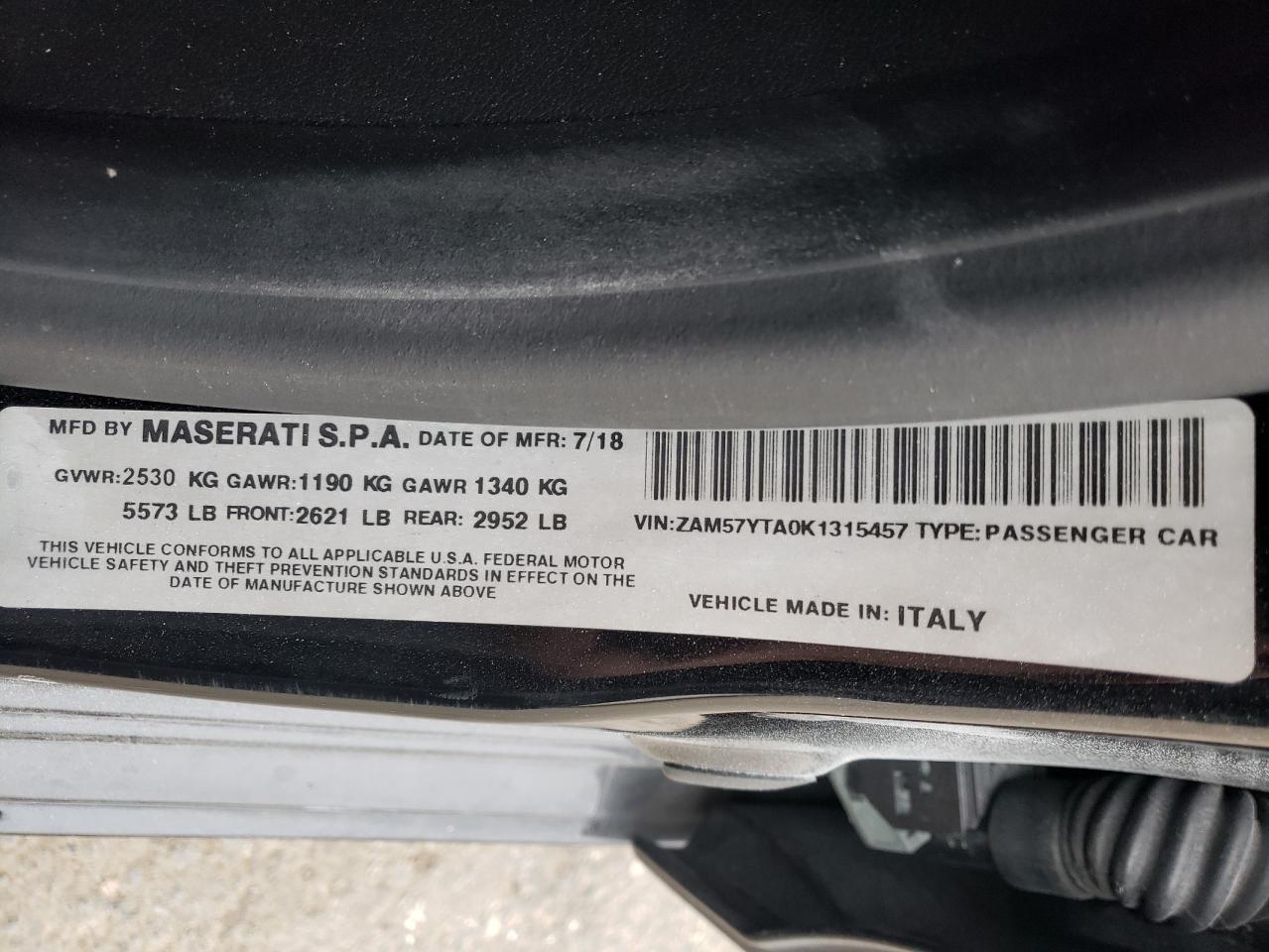 2019 Maserati Ghibli S 3.0L(VIN: ZAM57YTA0K1315457