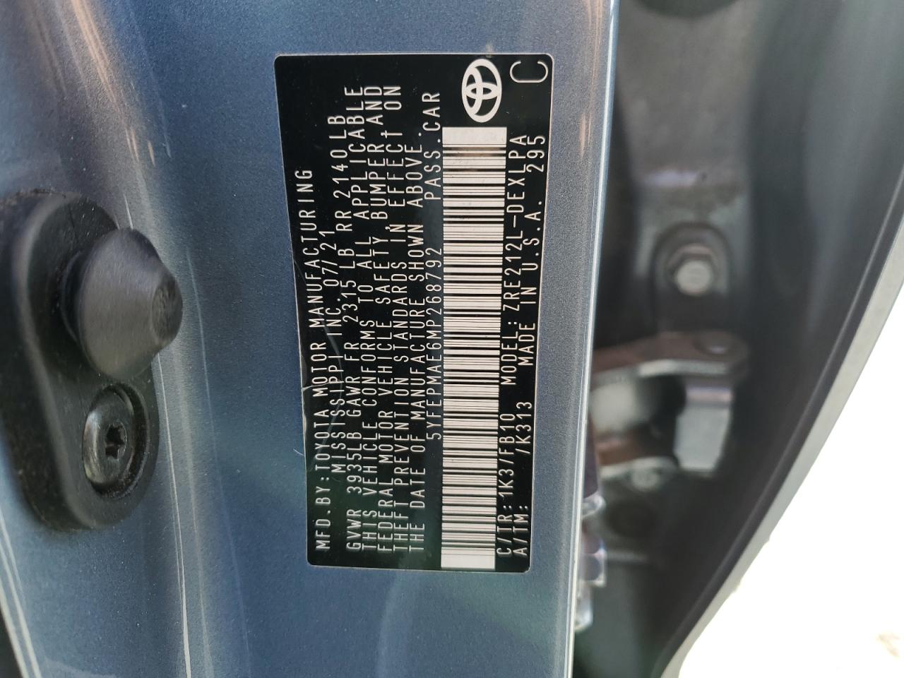 5YFEPMAE6MP268792 TOYOTA COROLLA 2021