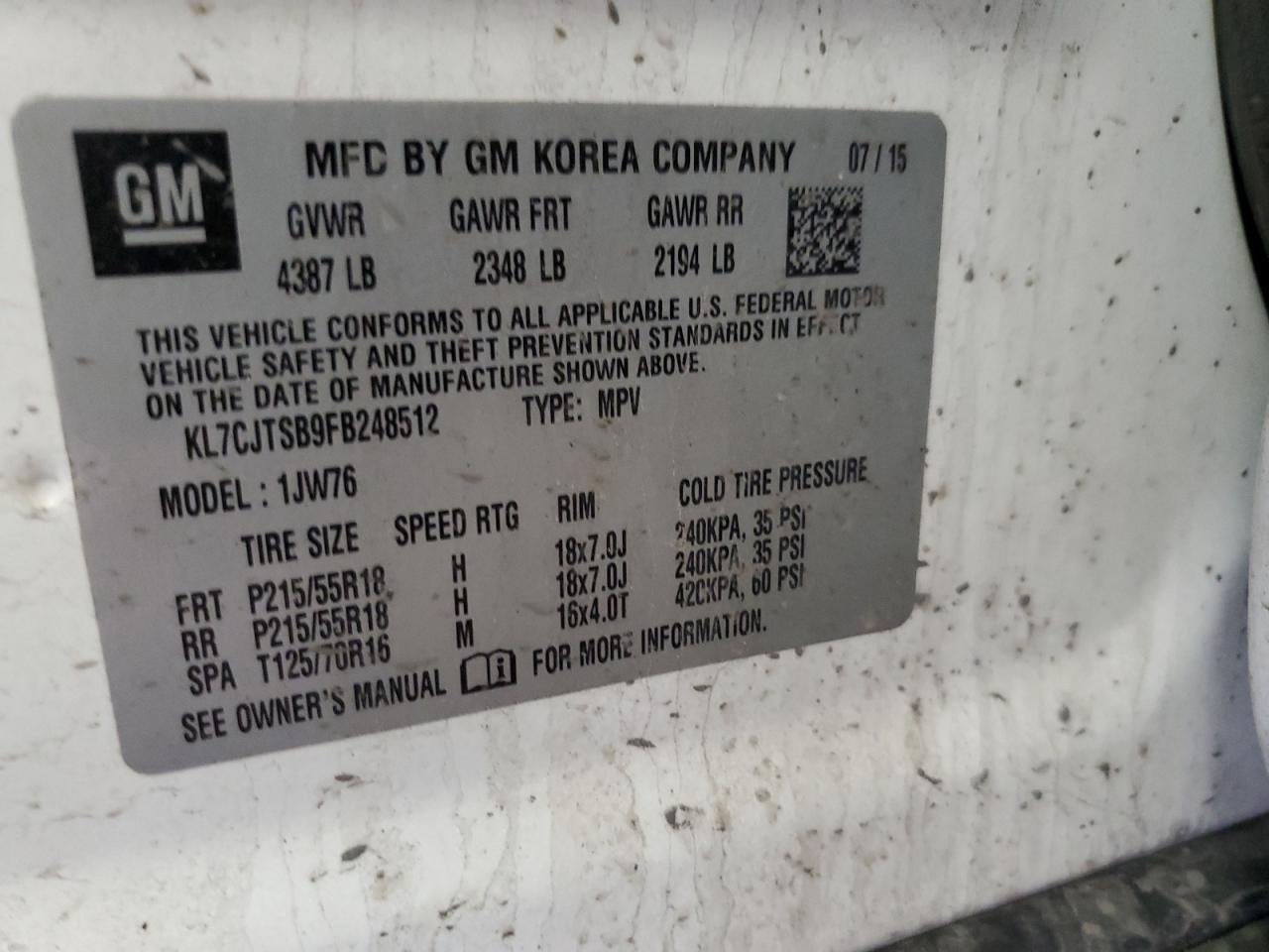 KL7CJTSB9FB248512 2015 Chevrolet Trax Ltz