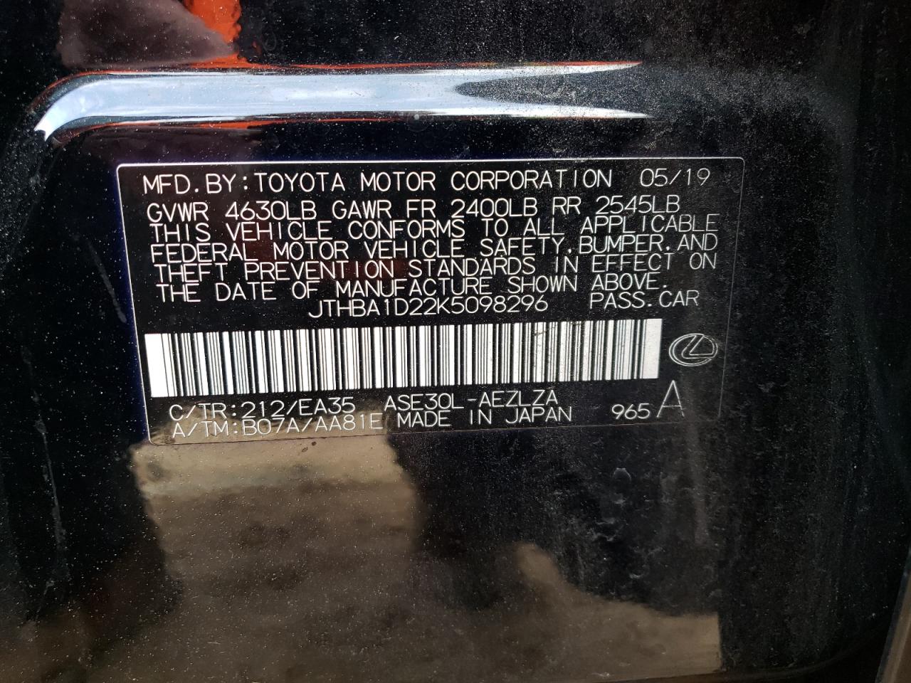 JTHBA1D22K5098296 2019 Lexus Is 300