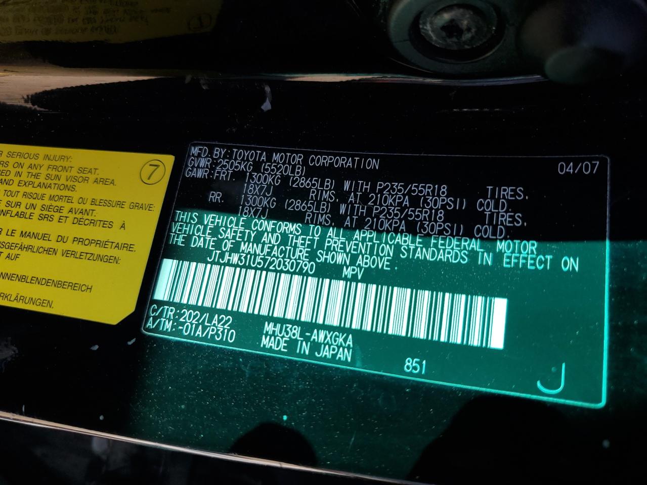 JTJHW31U572030790 2007 Lexus Rx 400H