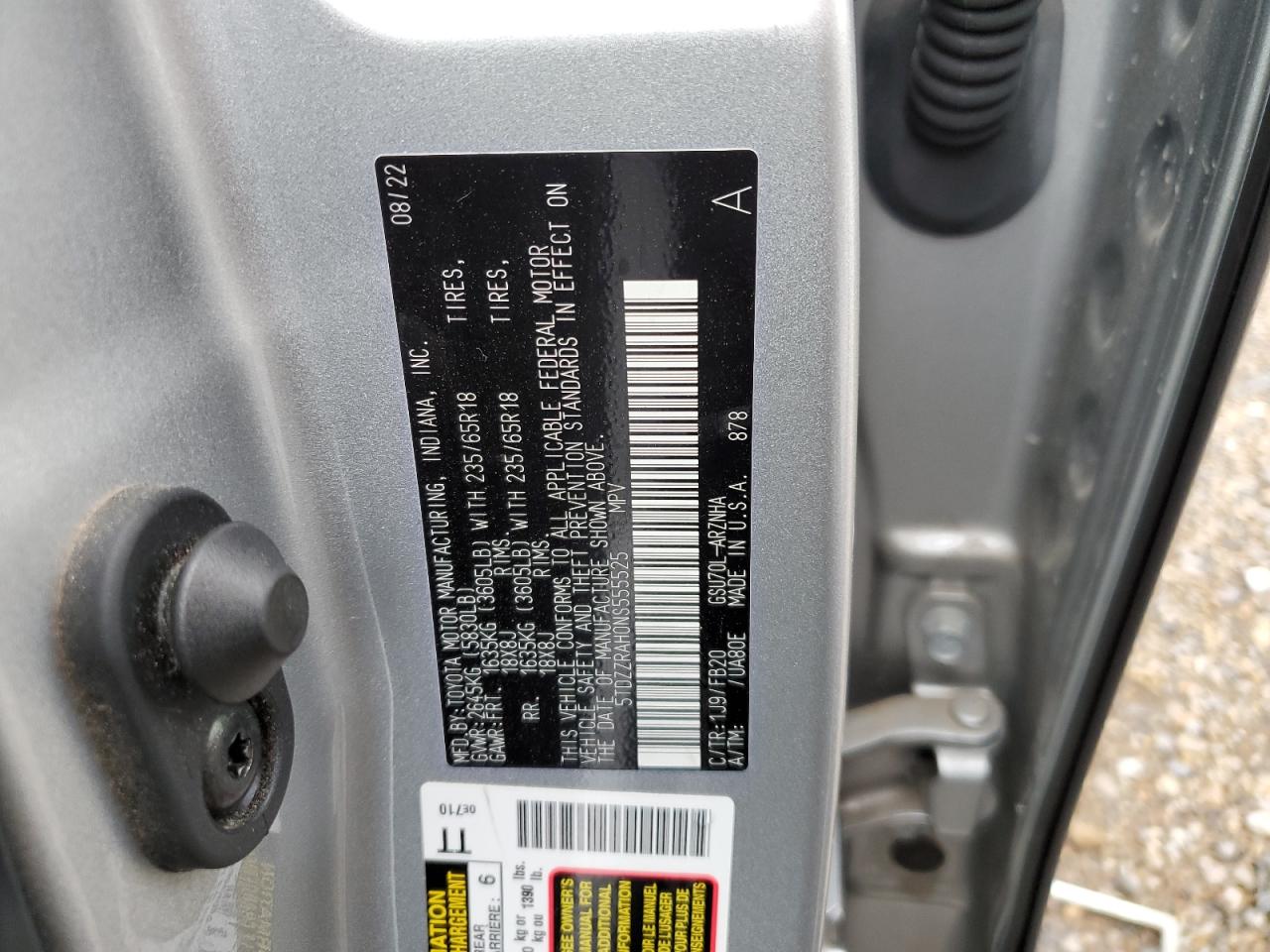 5TDZZRAH0NS555525 TOYOTA HIGHLANDER 2022