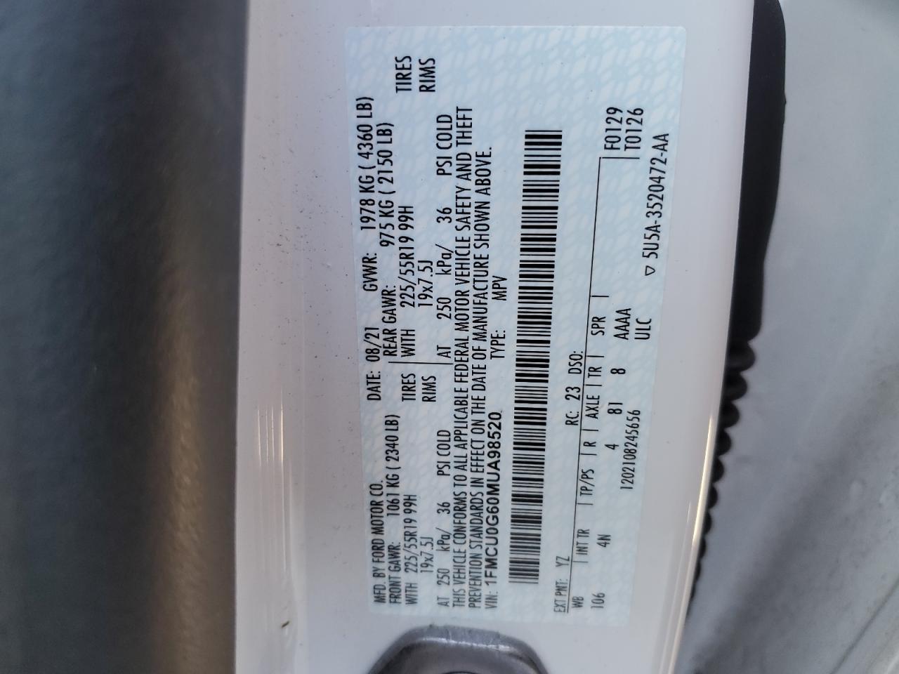 1FMCU0G60MUA98520 FORD ESCAPE 2021