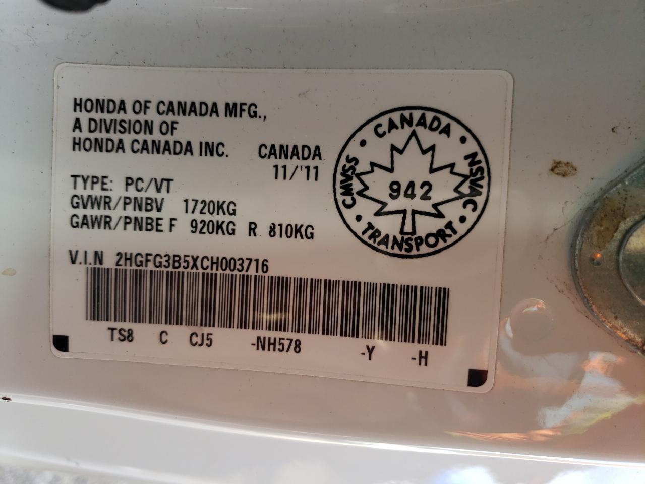 2HGFG3B5XCH003716 2012 Honda Civic Lx