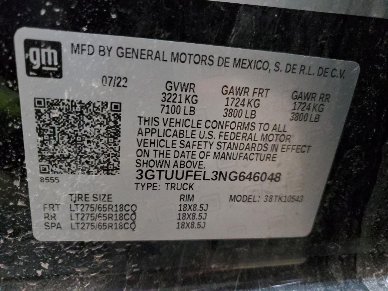 3GTUUFEL3NG646048 2022 GMC Sierra K1500 At4X