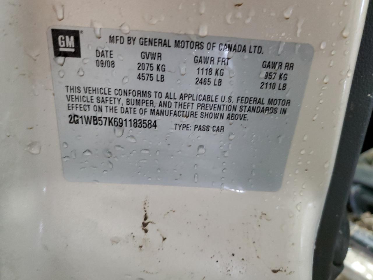 2G1WB57K691183584 2009 Chevrolet Impala Ls