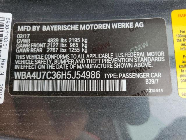 2017 BMW 430I VIN: WBA4U7C36H5J54986 Lot: 48213754